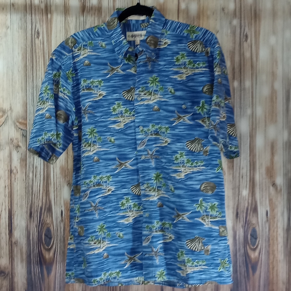CAMPIA MODA Blue Island Print Hawaiian Button Down Short Sleeve Shirt